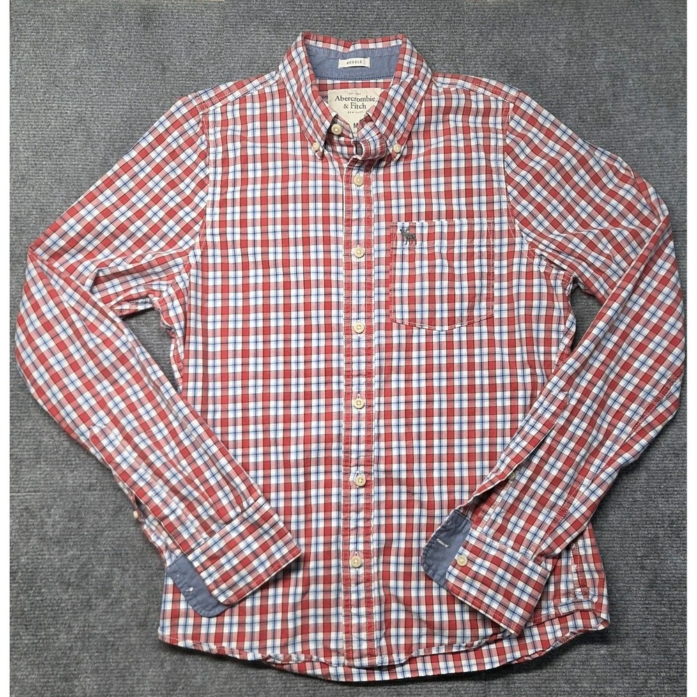 Y2K Abercrombie & Fitch Muscle Fit Plaid Button Front Shirt Men's Medium Red